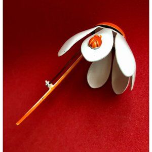 Mod Vintage White & Orange Lady Bug Enamel Flower Brooch